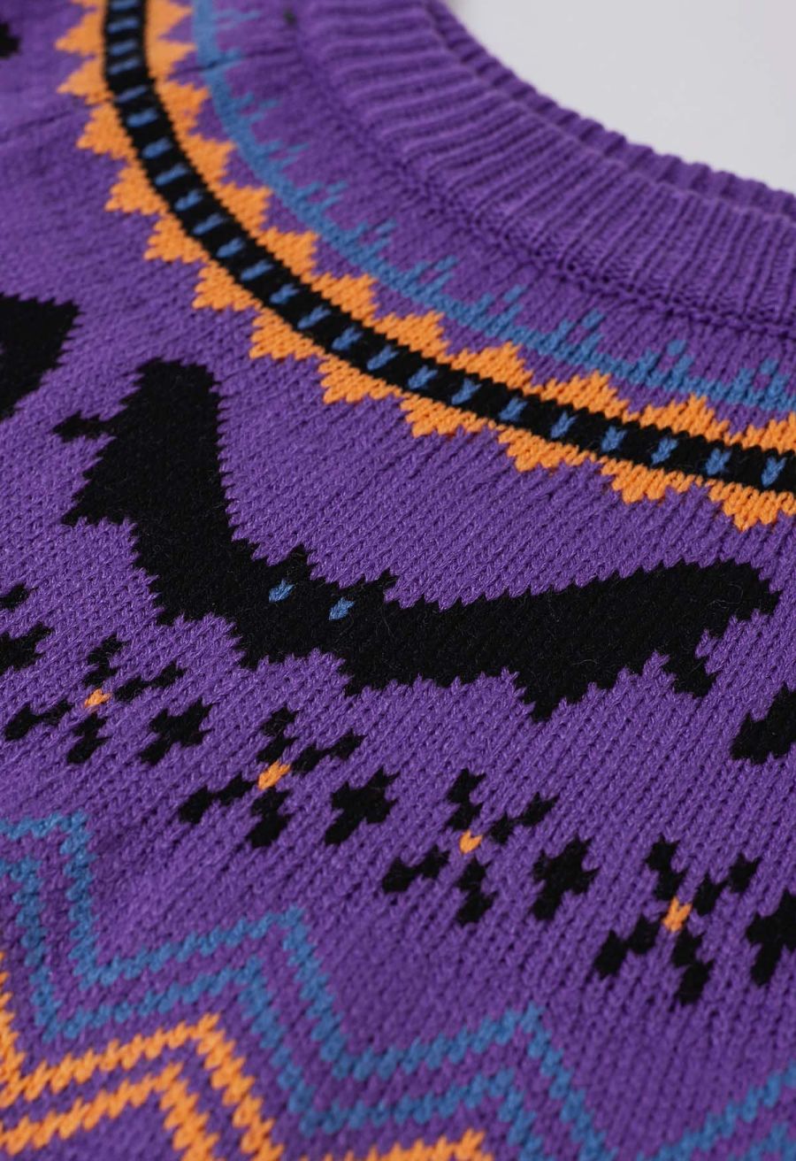 Spooky Bats Ribbed Knit Sweater in Purple