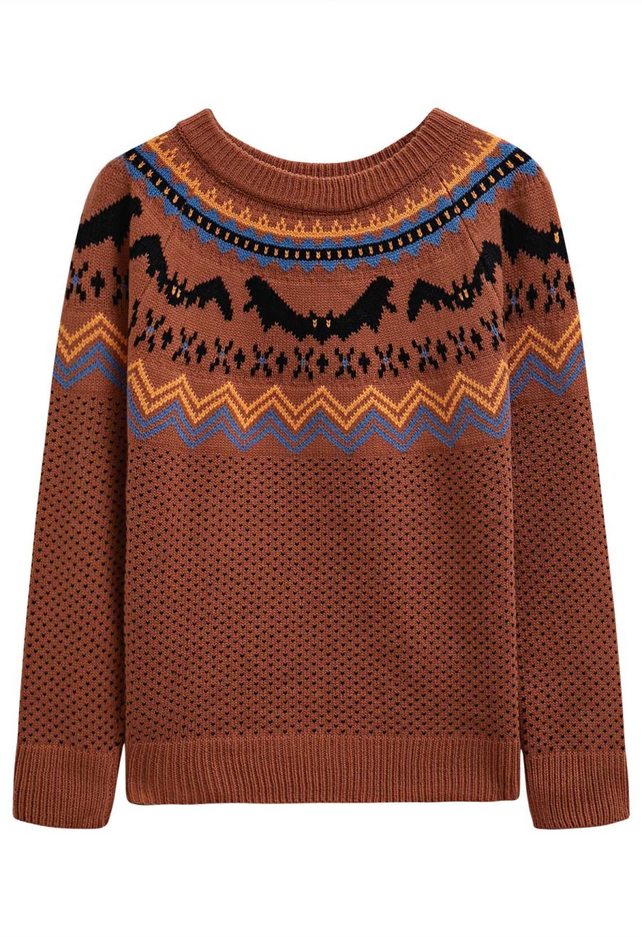 Spooky Bats Ribbed Knit Sweater in Pumpkin
