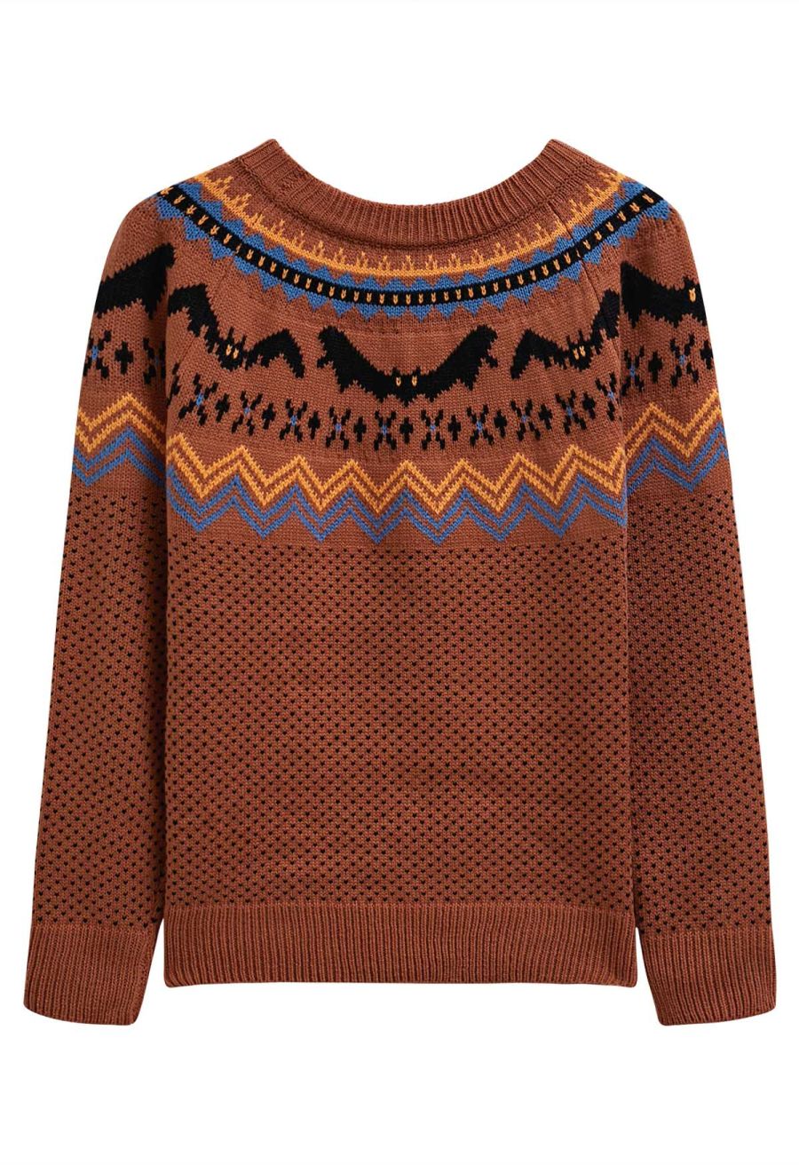 Spooky Bats Ribbed Knit Sweater in Pumpkin