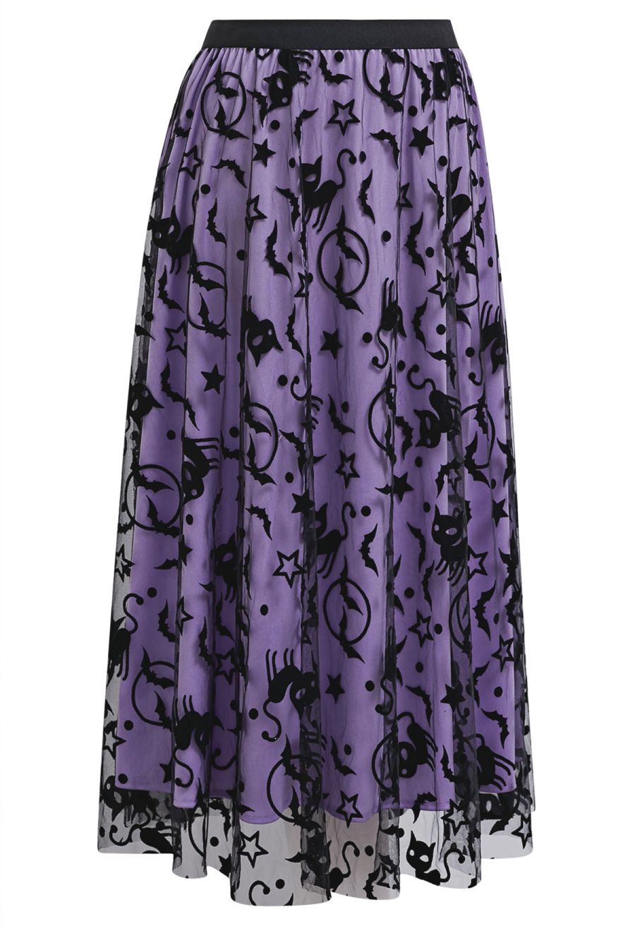 Spooky Halloween Icons Mesh Tulle Skirt in Purple