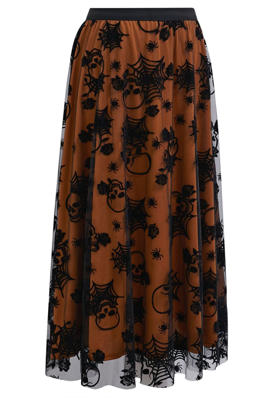 Haunting Skull and Spider Web Tulle Skirt in Pumpkin