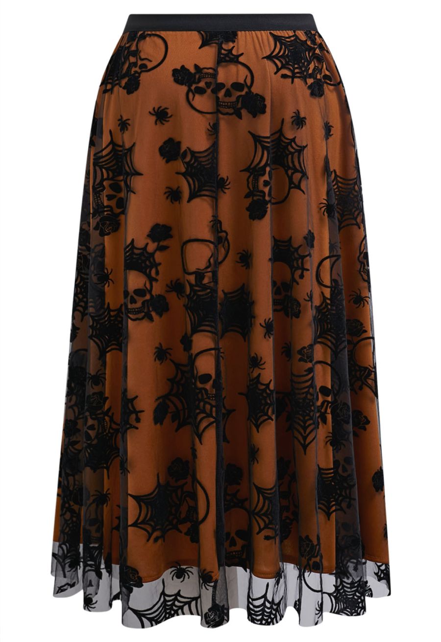 Haunting Skull and Spider Web Tulle Skirt in Pumpkin