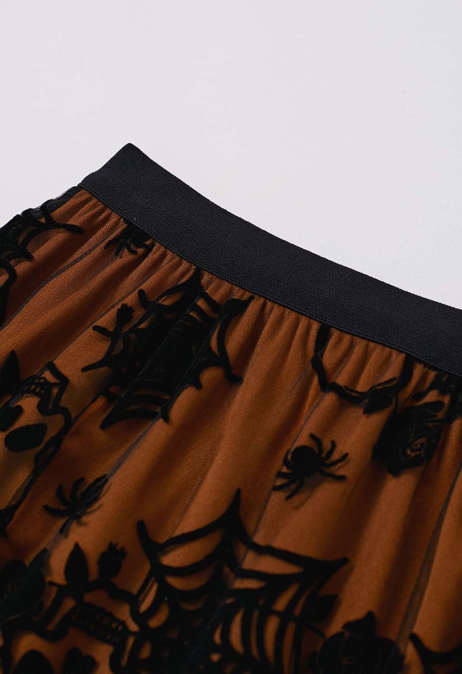 Haunting Skull and Spider Web Tulle Skirt in Pumpkin