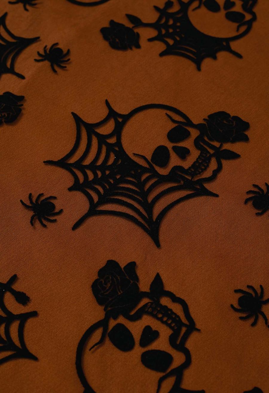 Haunting Skull and Spider Web Tulle Skirt in Pumpkin