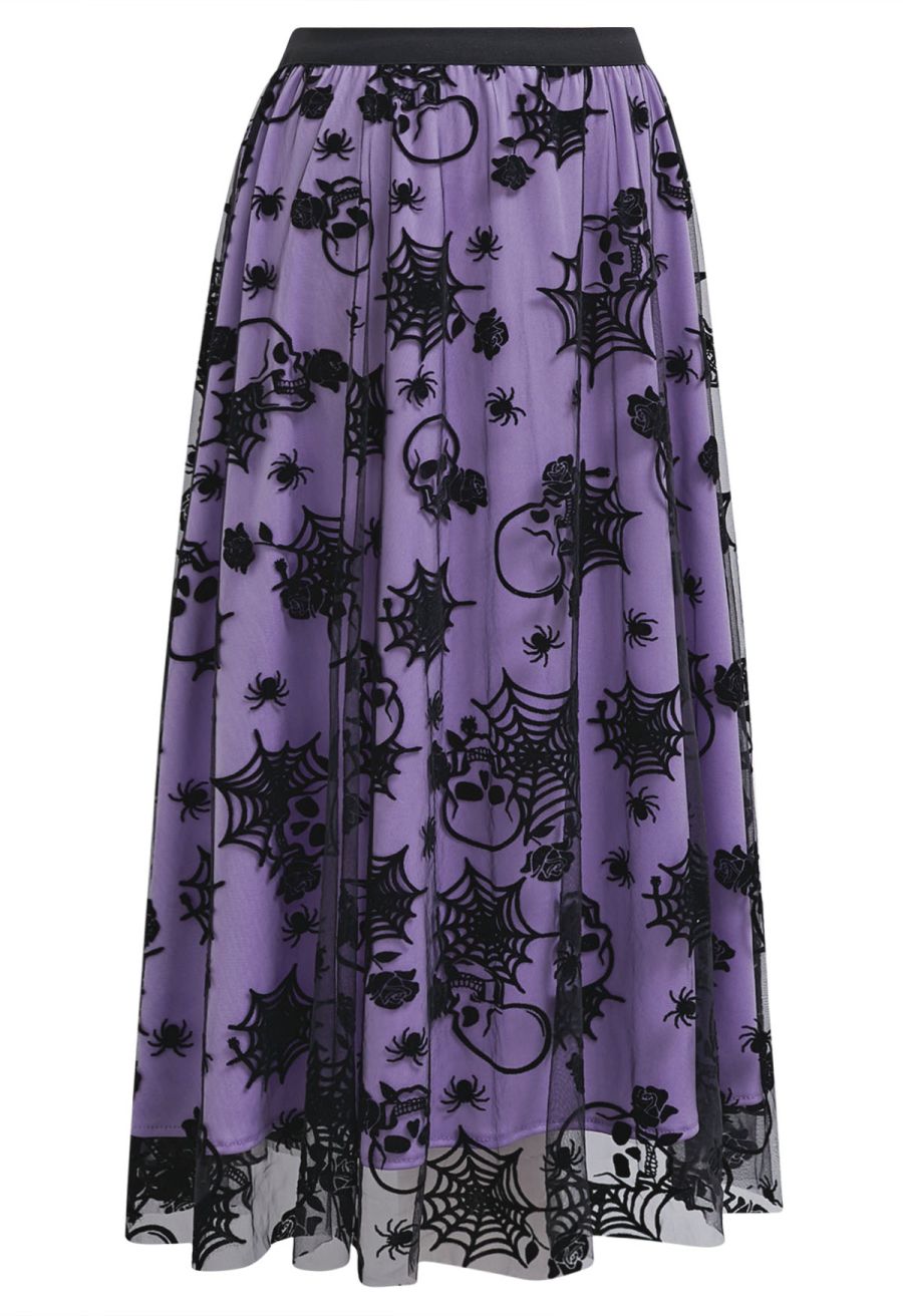 Haunting Skull and Spider Web Tulle Skirt in Purple