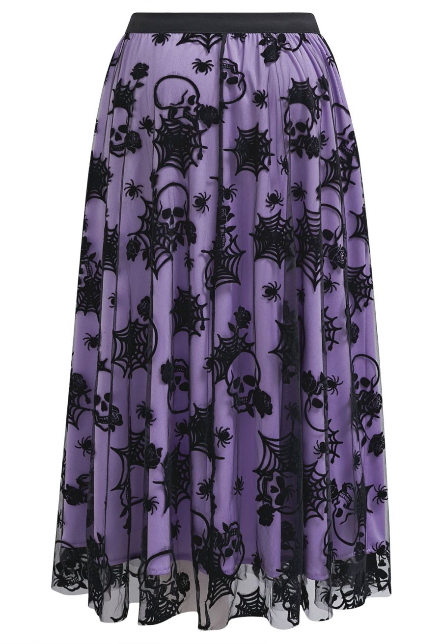 Haunting Skull and Spider Web Tulle Skirt in Purple