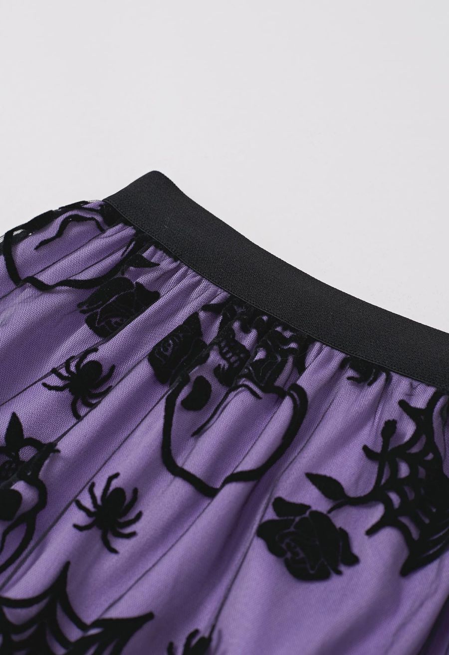 Haunting Skull and Spider Web Tulle Skirt in Purple