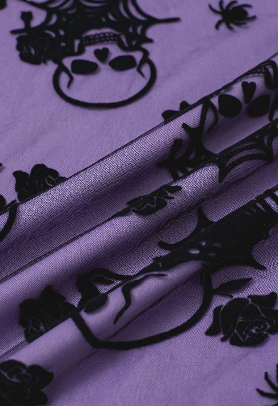 Haunting Skull and Spider Web Tulle Skirt in Purple
