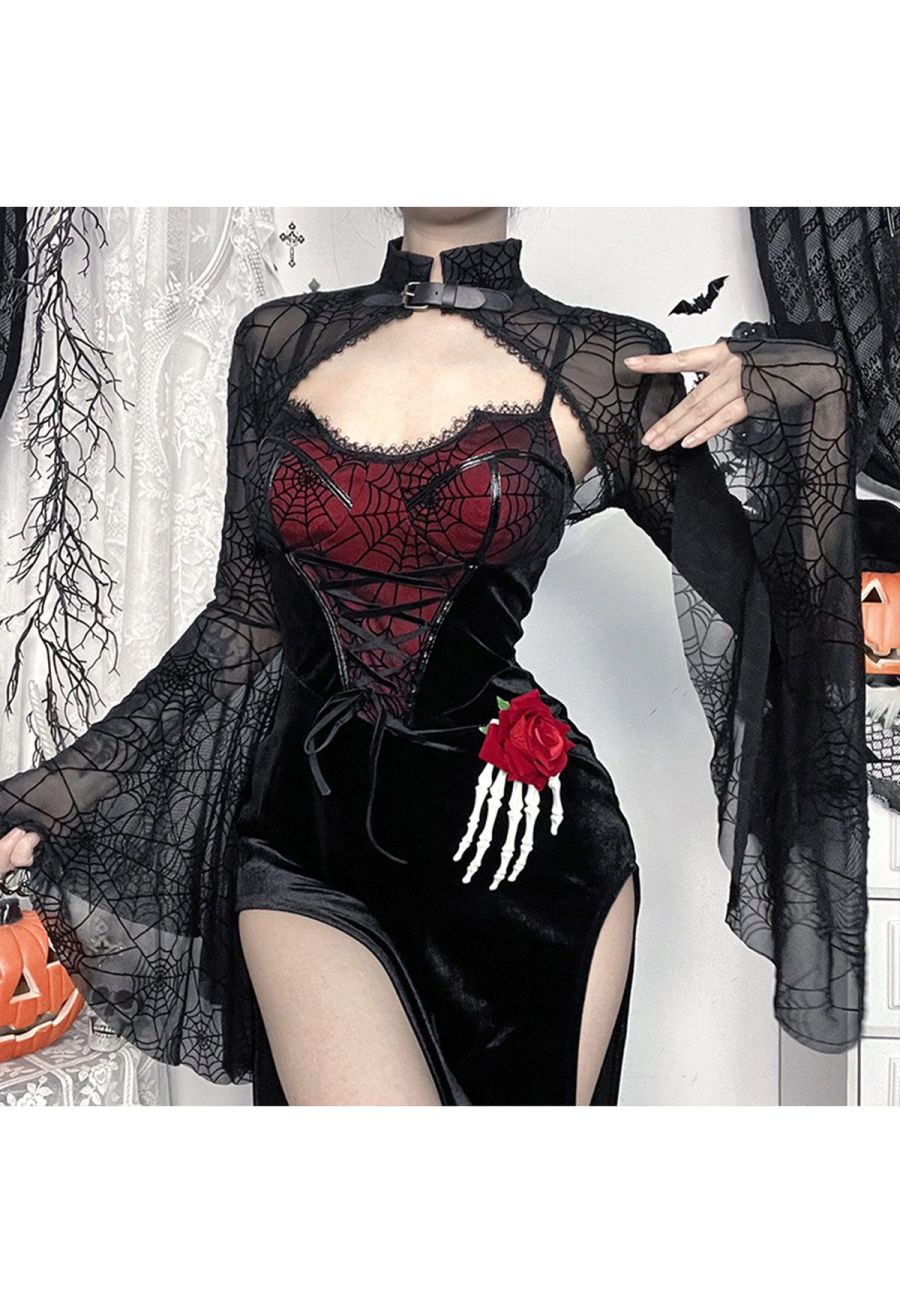 Gothic Spider Web Spliced Velvet Slit Dress