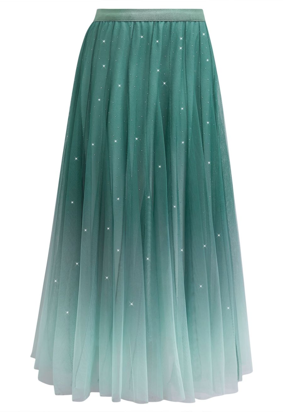 Gradient Mesh Sequined Maxi Skirt in Green