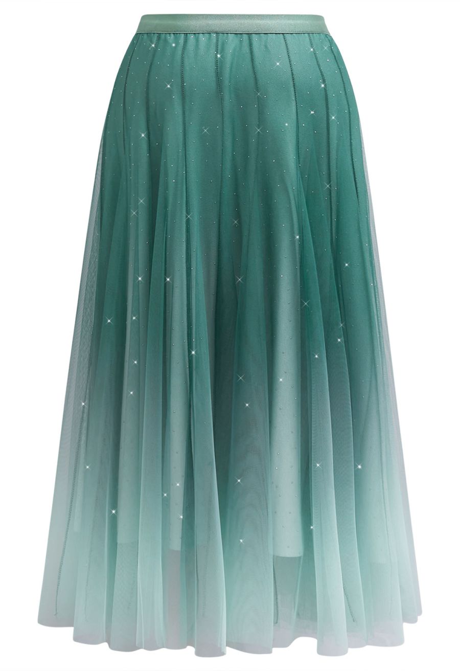Gradient Mesh Sequined Maxi Skirt in Green