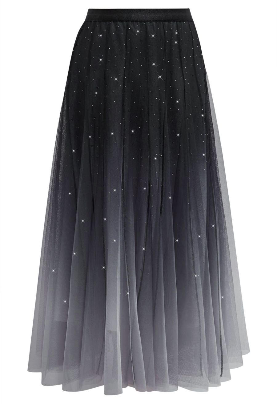Gradient Mesh Sequined Maxi Skirt in Black