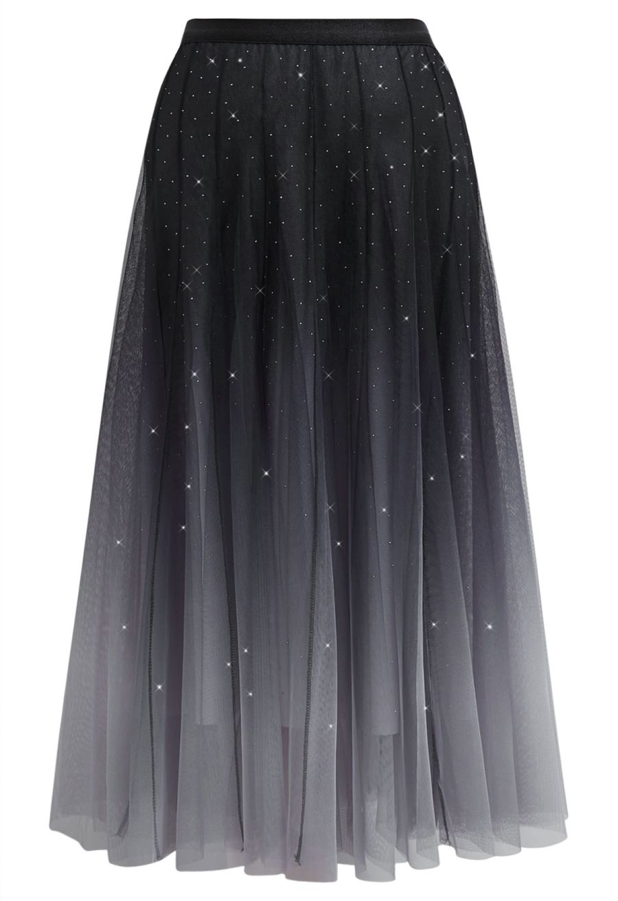 Gradient Mesh Sequined Maxi Skirt in Black