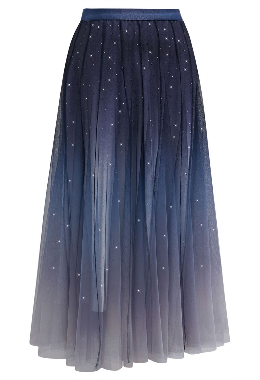 Gradient Mesh Sequined Maxi Skirt in Navy