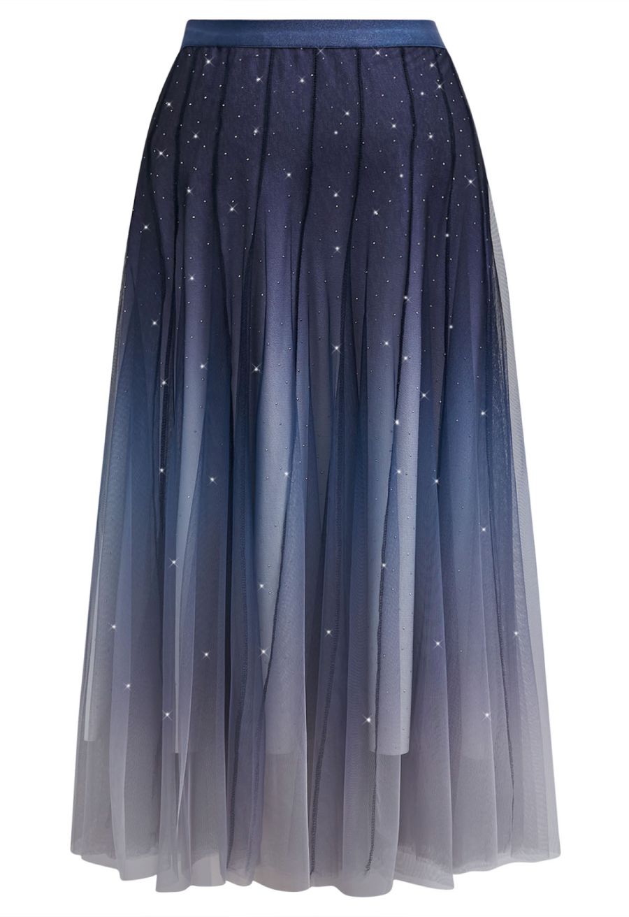 Gradient Mesh Sequined Maxi Skirt in Navy