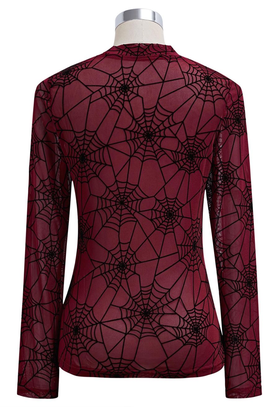 Spider Web Semi-Sheer Mesh Tulle Top in Red