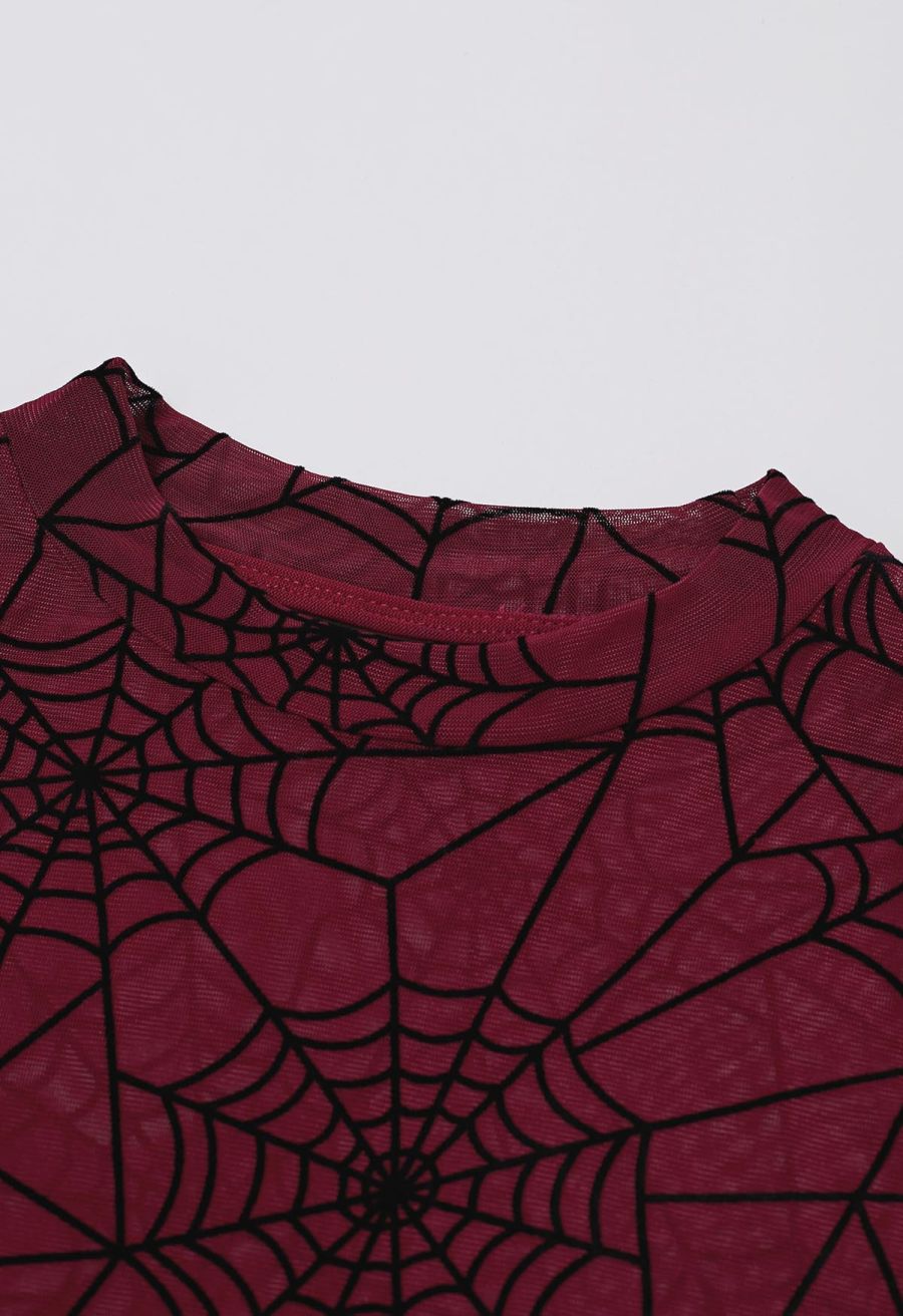 Spider Web Semi-Sheer Mesh Tulle Top in Red