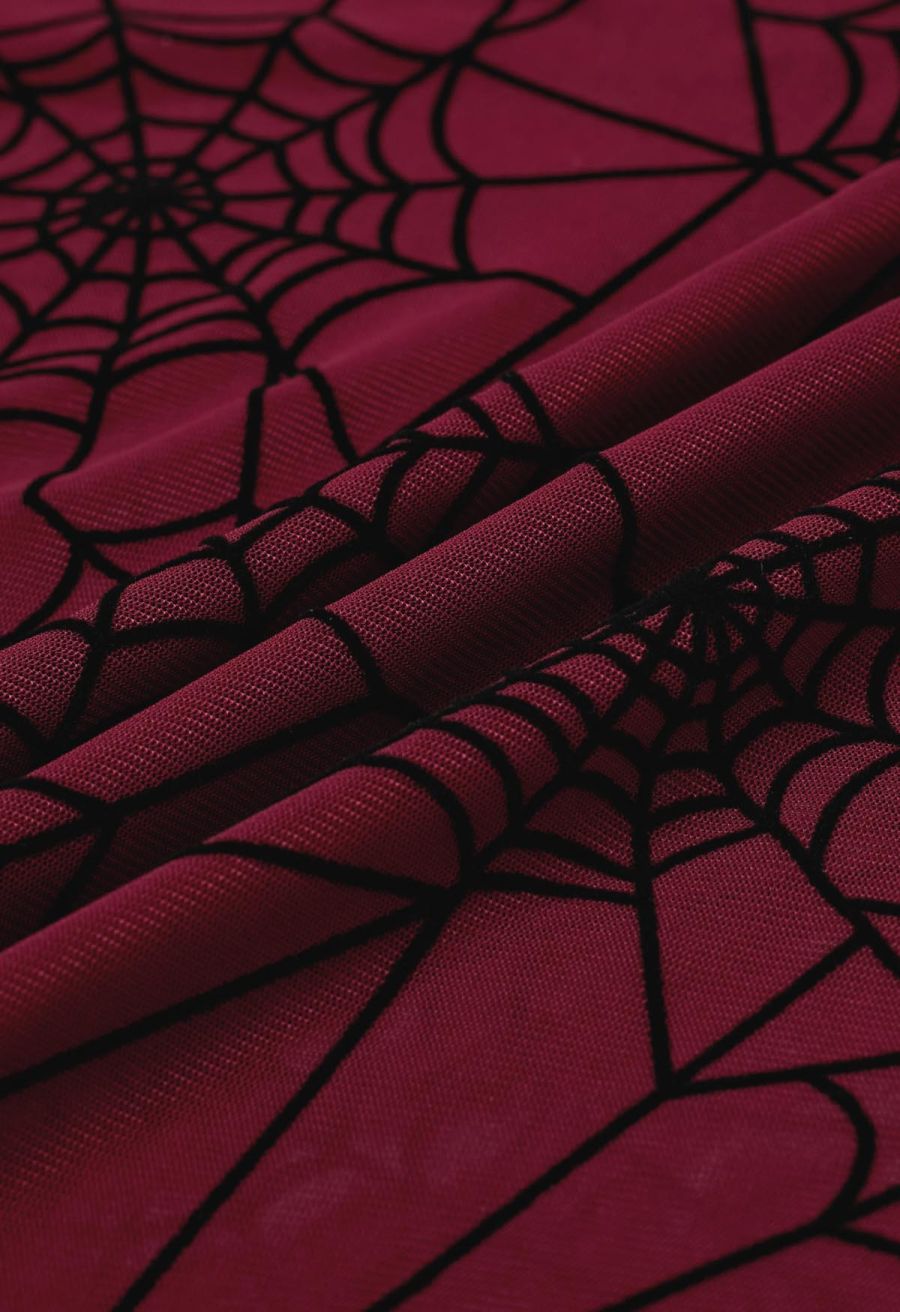 Spider Web Semi-Sheer Mesh Tulle Top in Red