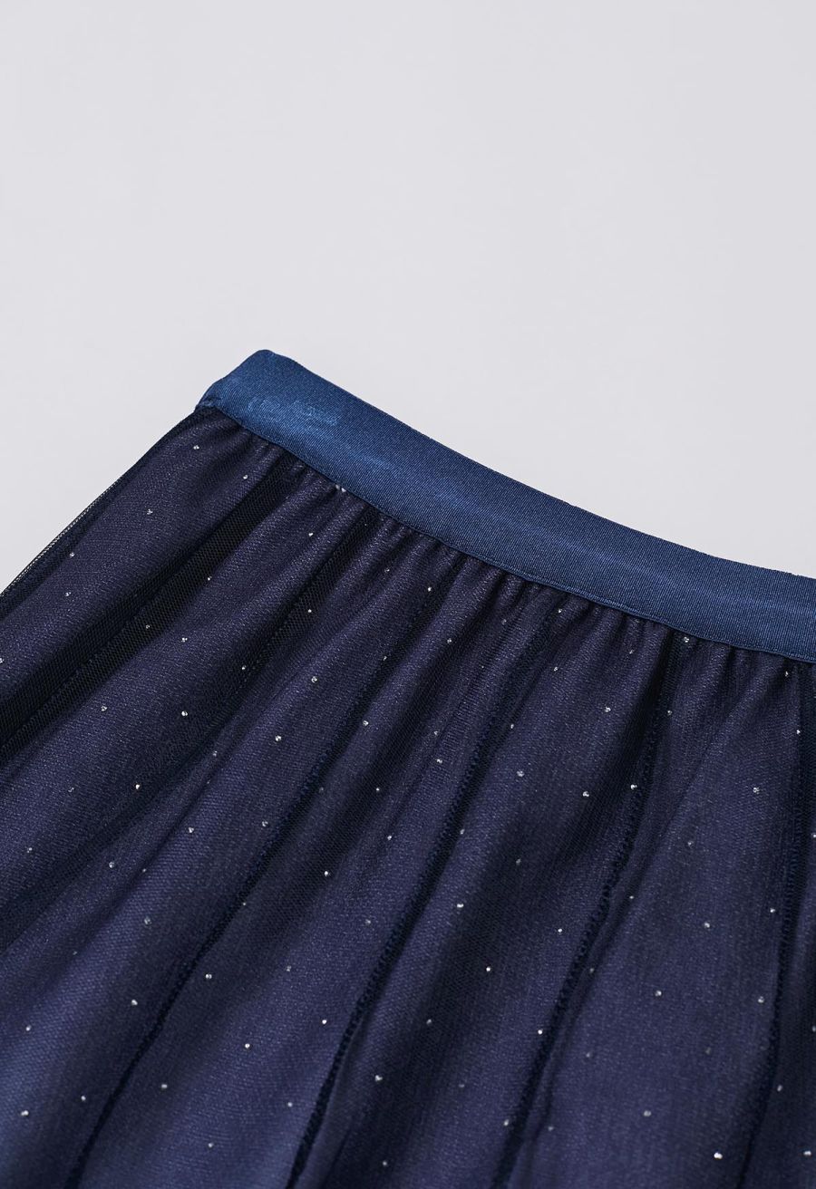 Gradient Mesh Sequined Maxi Skirt in Navy