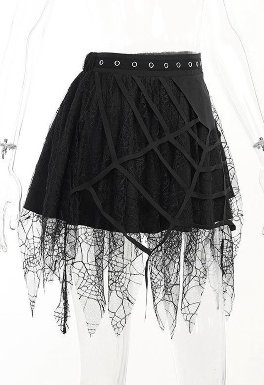 Spiderweb Lace Tassel Hem Mini Skirt