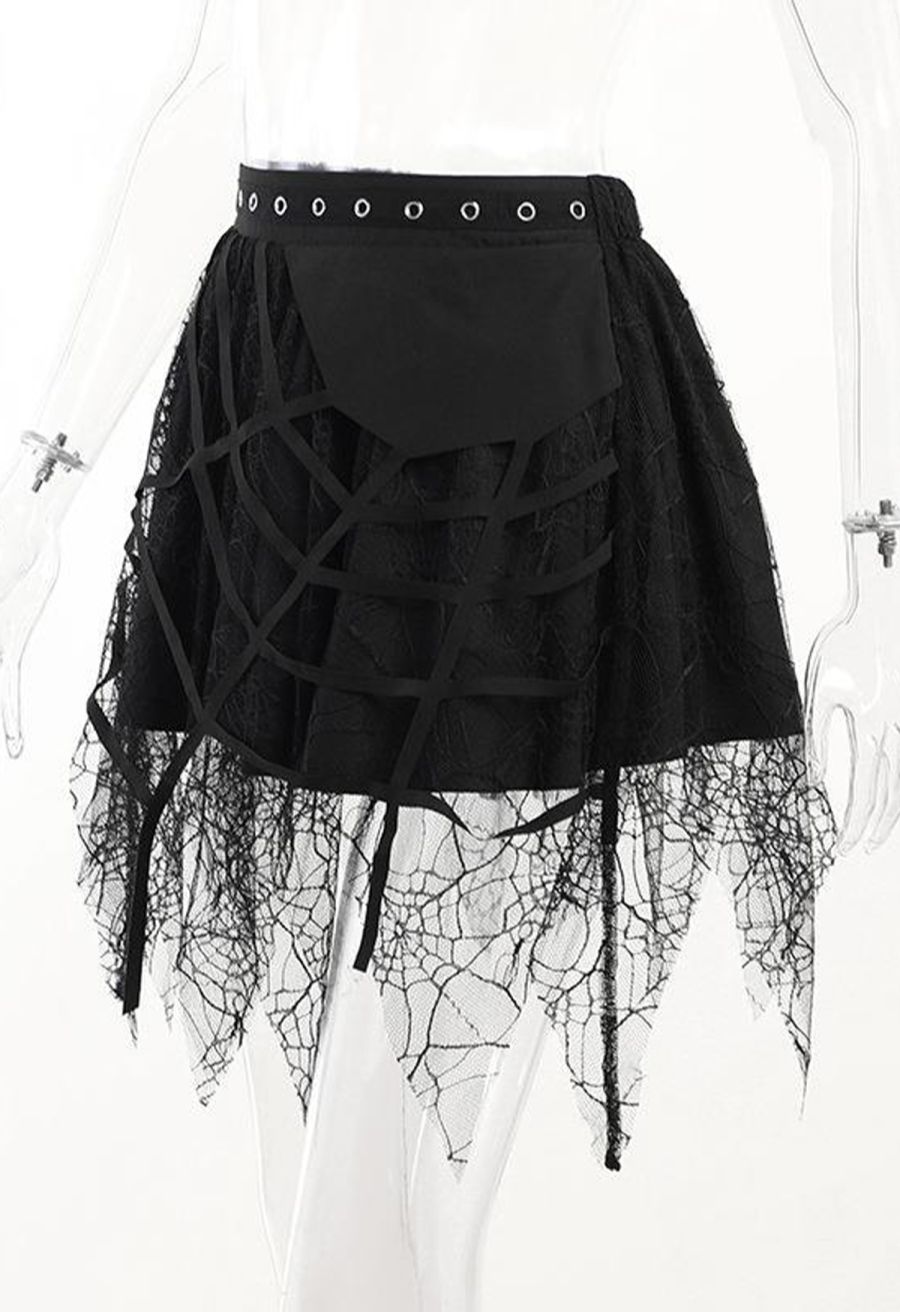 Spiderweb Lace Tassel Hem Mini Skirt