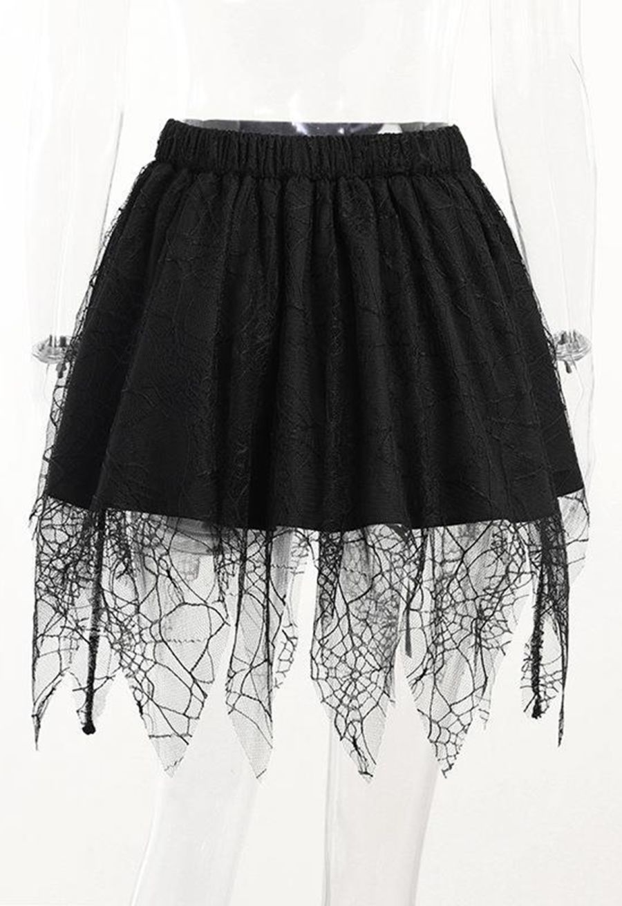 Spiderweb Lace Tassel Hem Mini Skirt