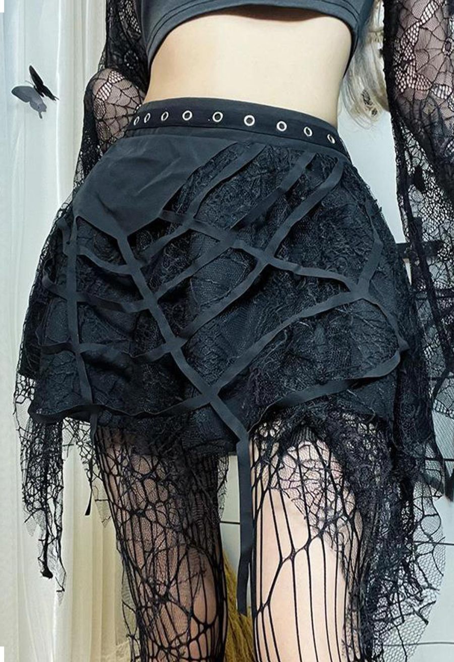 Spiderweb Lace Tassel Hem Mini Skirt