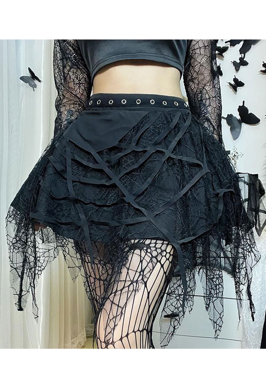 Spiderweb Lace Tassel Hem Mini Skirt