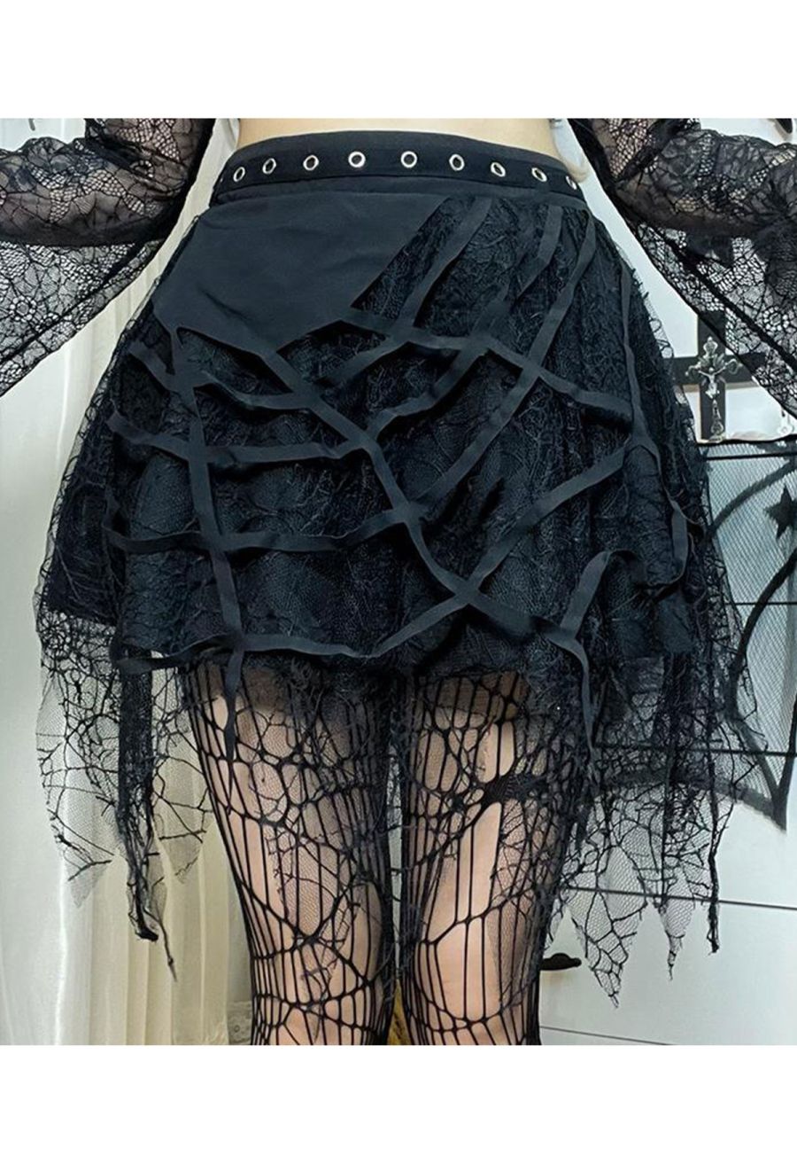 Spiderweb Lace Tassel Hem Mini Skirt