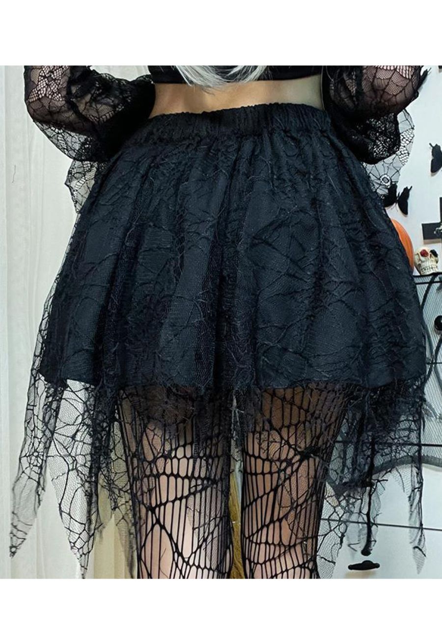 Spiderweb Lace Tassel Hem Mini Skirt