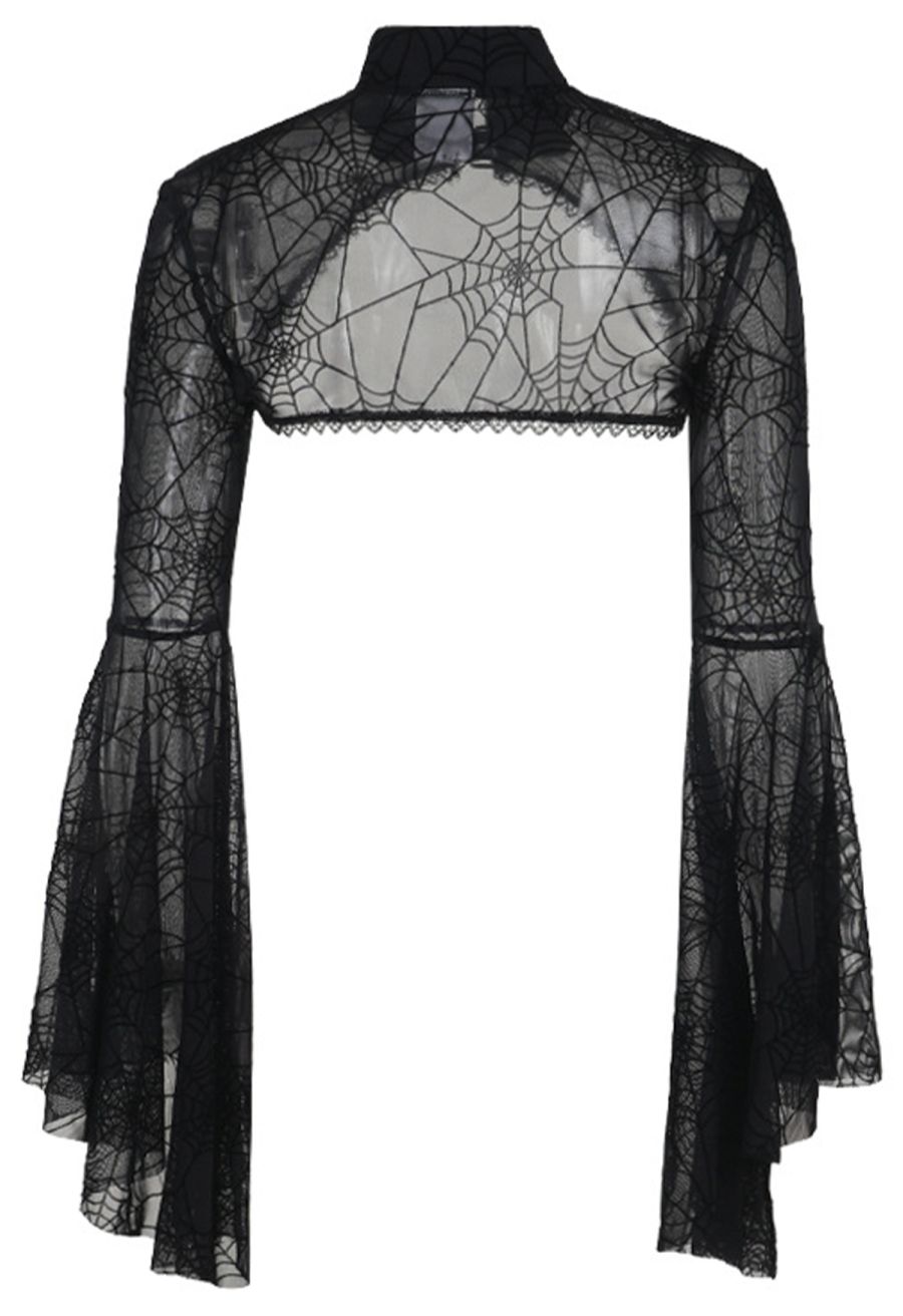 Dramatic Flare Sleeve Spider Web Mesh Shrug Crop Top