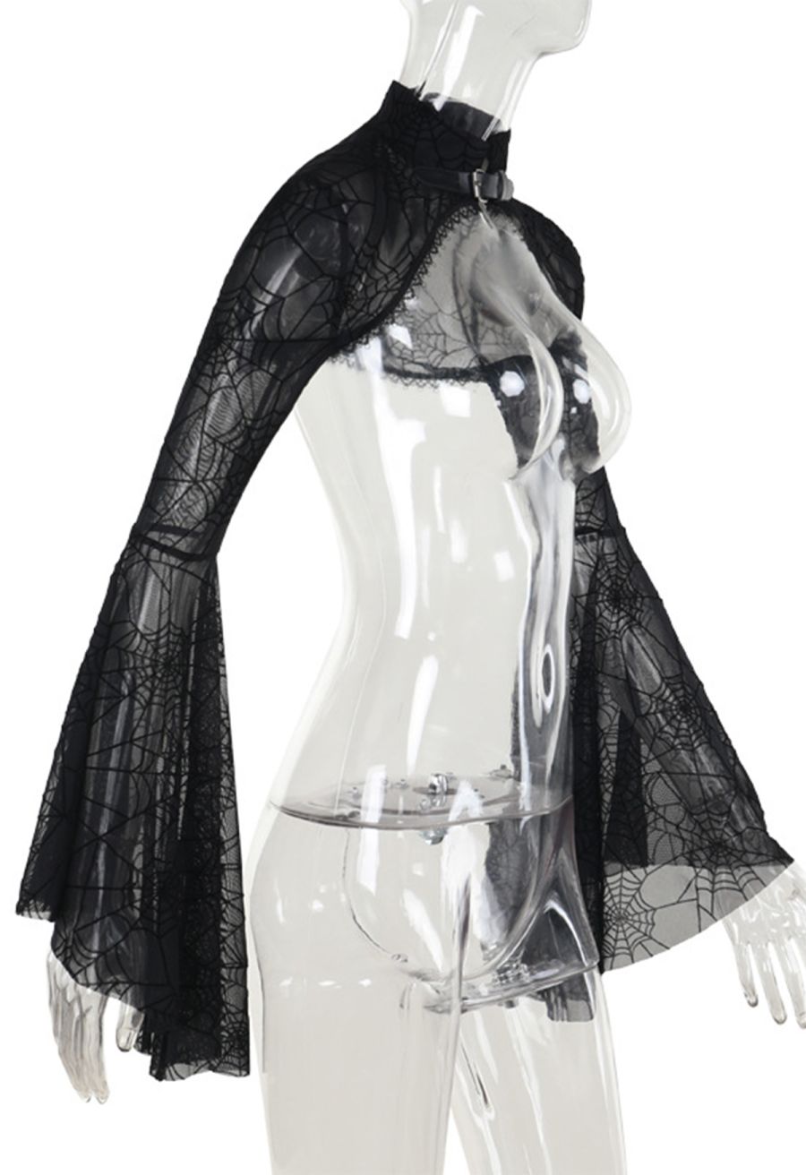 Dramatic Flare Sleeve Spider Web Mesh Shrug Crop Top