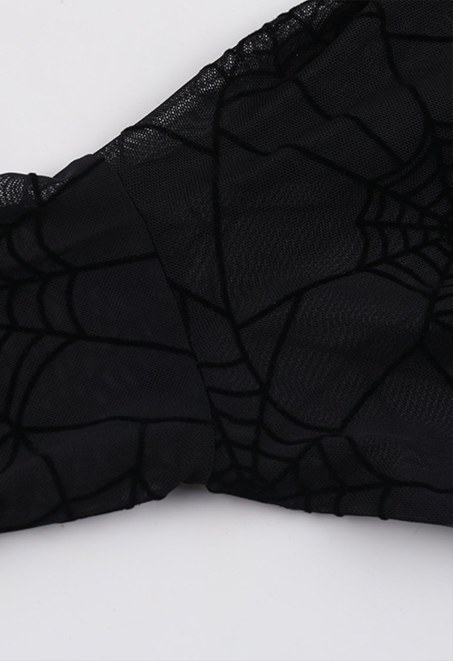 Dramatic Flare Sleeve Spider Web Mesh Shrug Crop Top