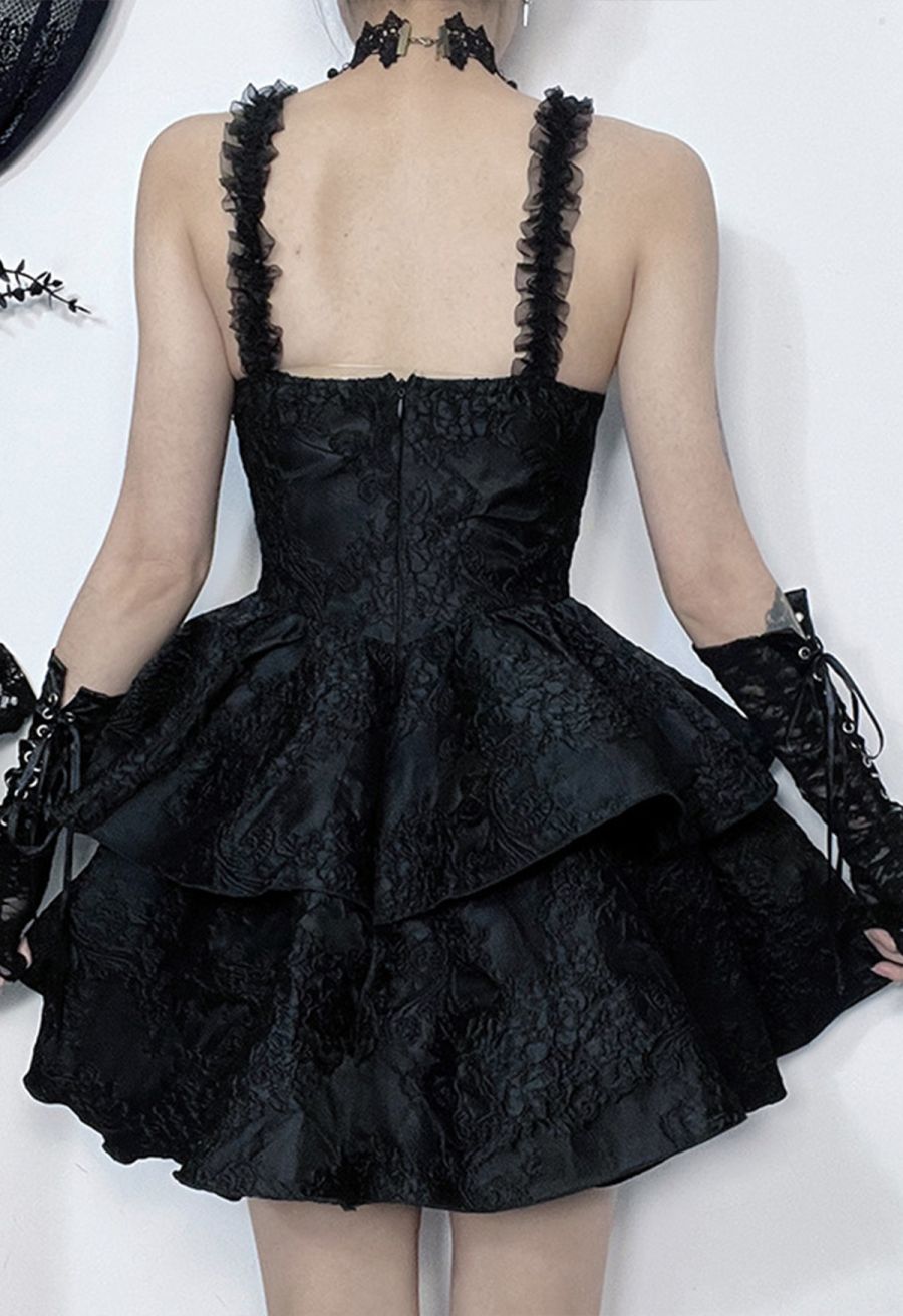 Ruffle Detail Floral Jacquard Tiered Mini Dress