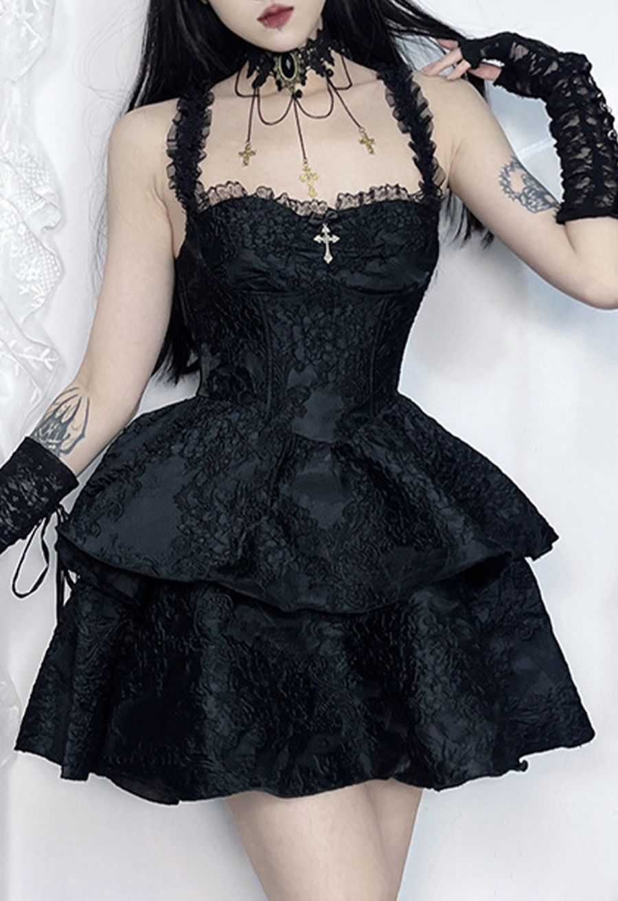 Ruffle Detail Floral Jacquard Tiered Mini Dress