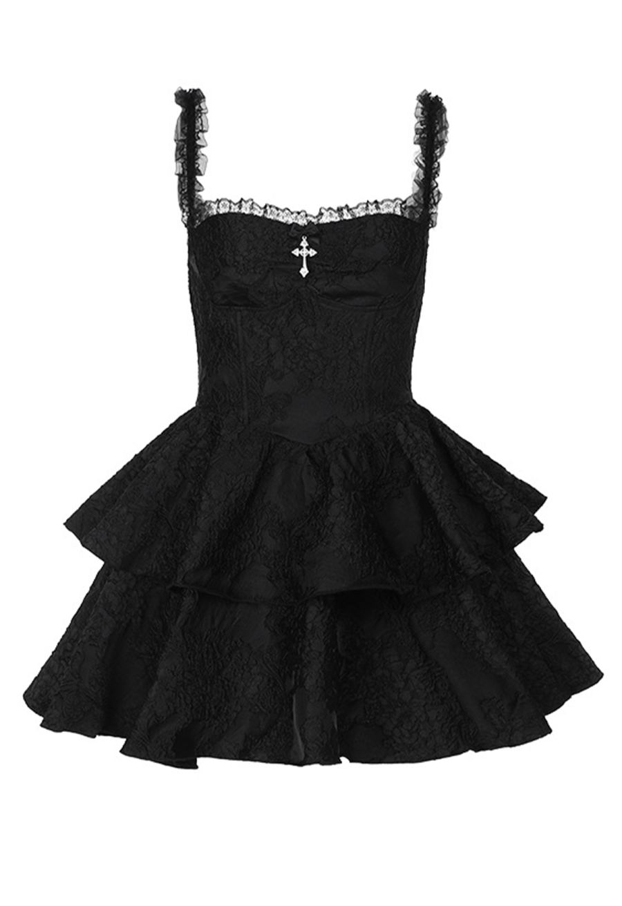 Ruffle Detail Floral Jacquard Tiered Mini Dress