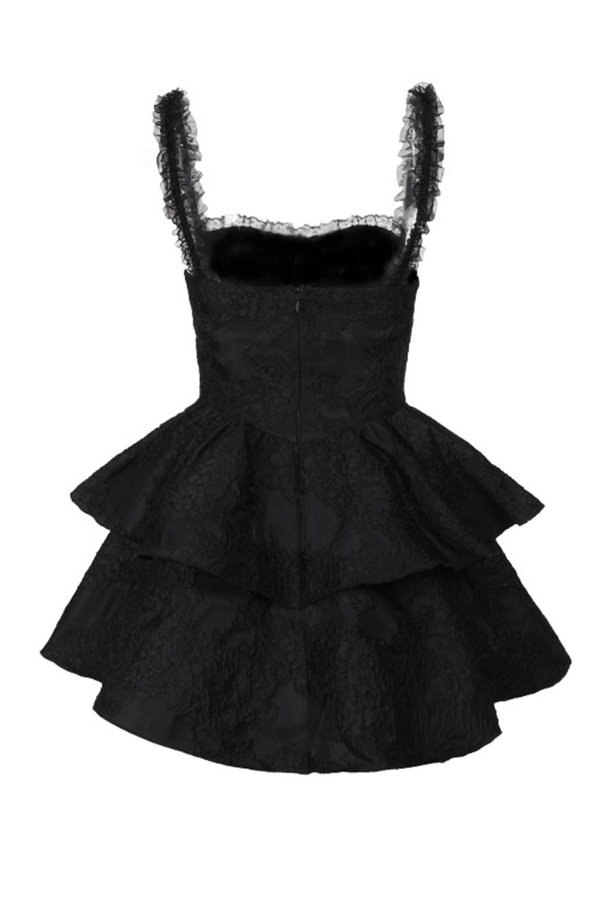 Ruffle Detail Floral Jacquard Tiered Mini Dress