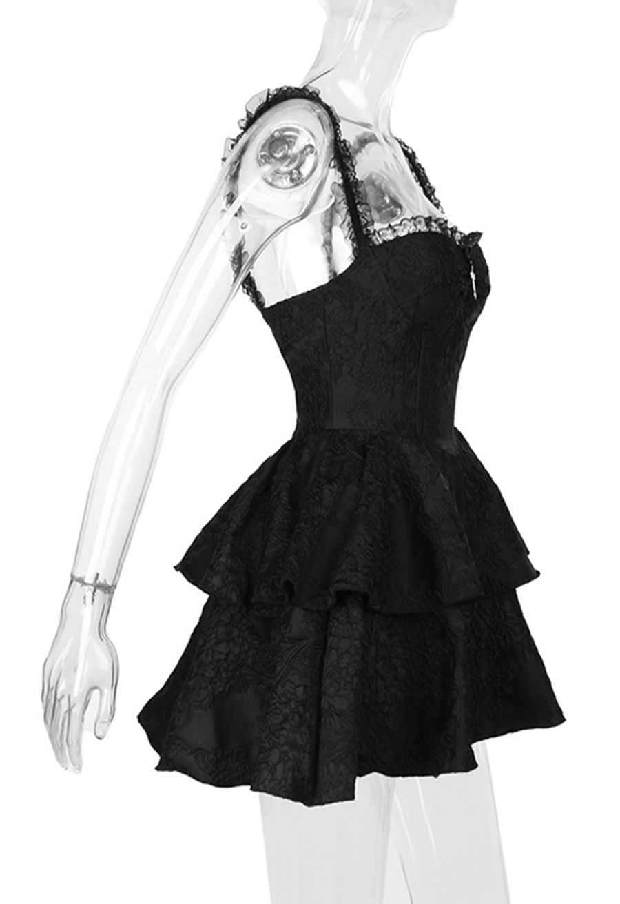 Ruffle Detail Floral Jacquard Tiered Mini Dress