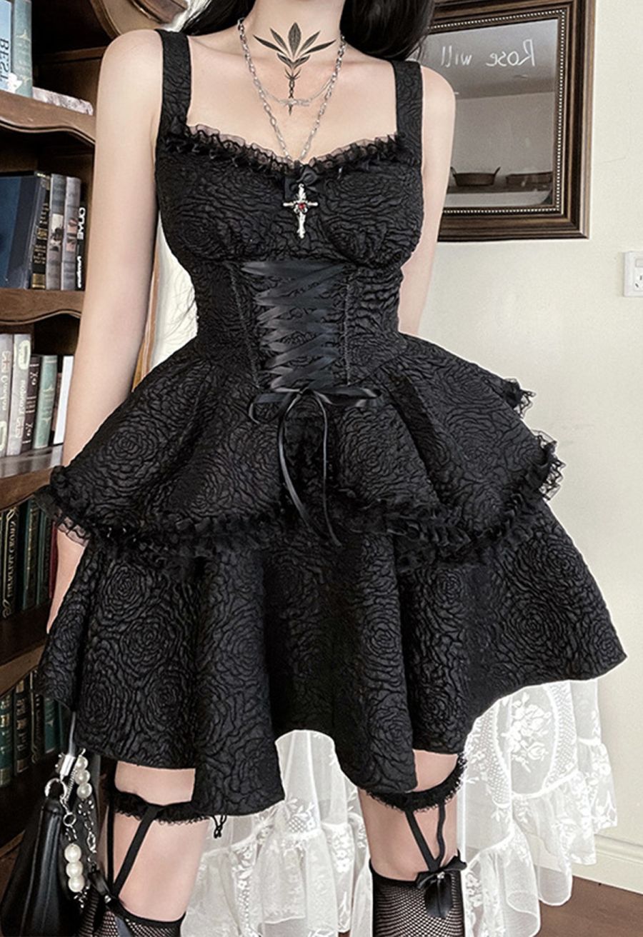 Mystery Rose Tiered Lace-Up Corset Mini Dress
