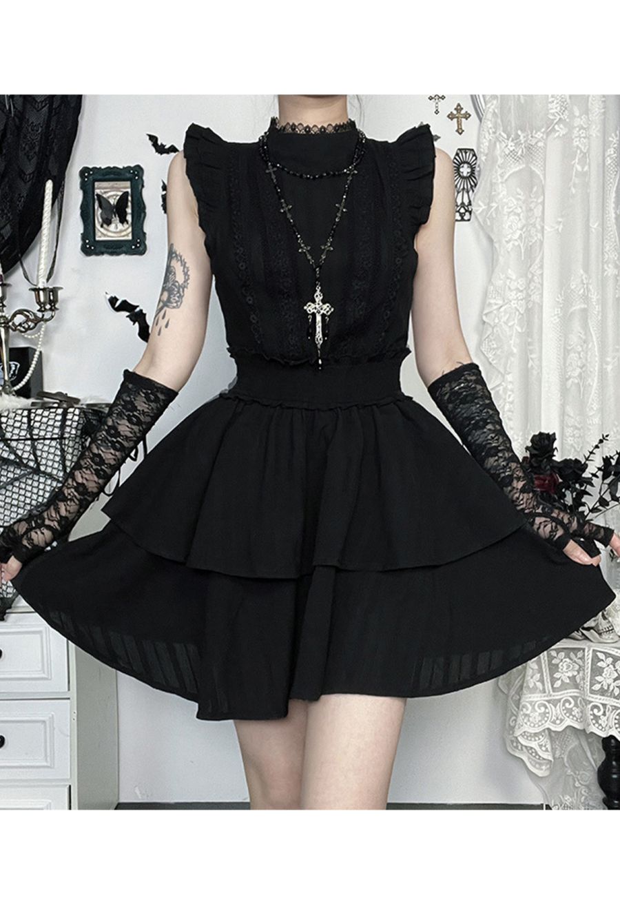 Tiered Ruffle Lace Decor Cotton Mini Dress