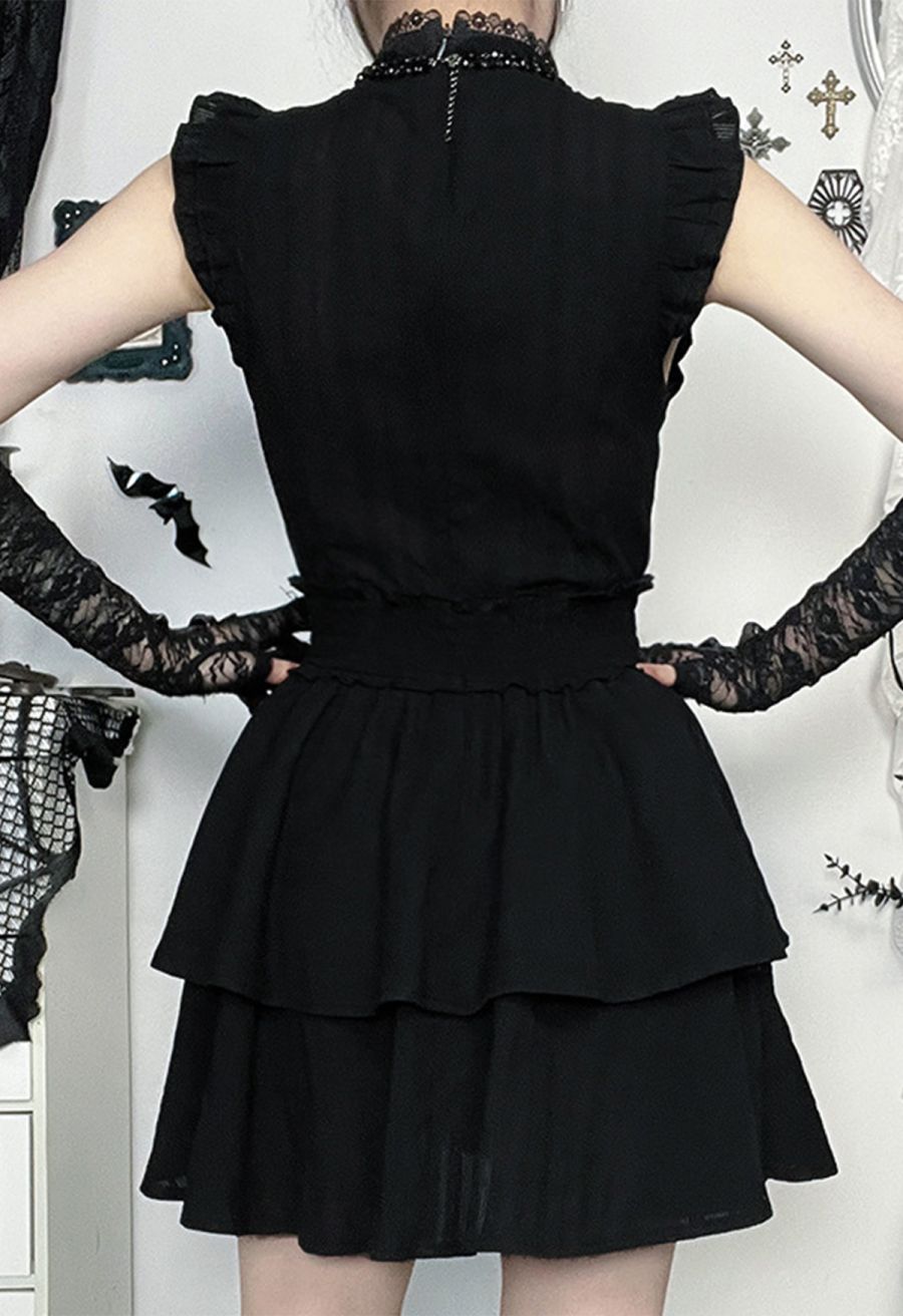 Tiered Ruffle Lace Decor Cotton Mini Dress