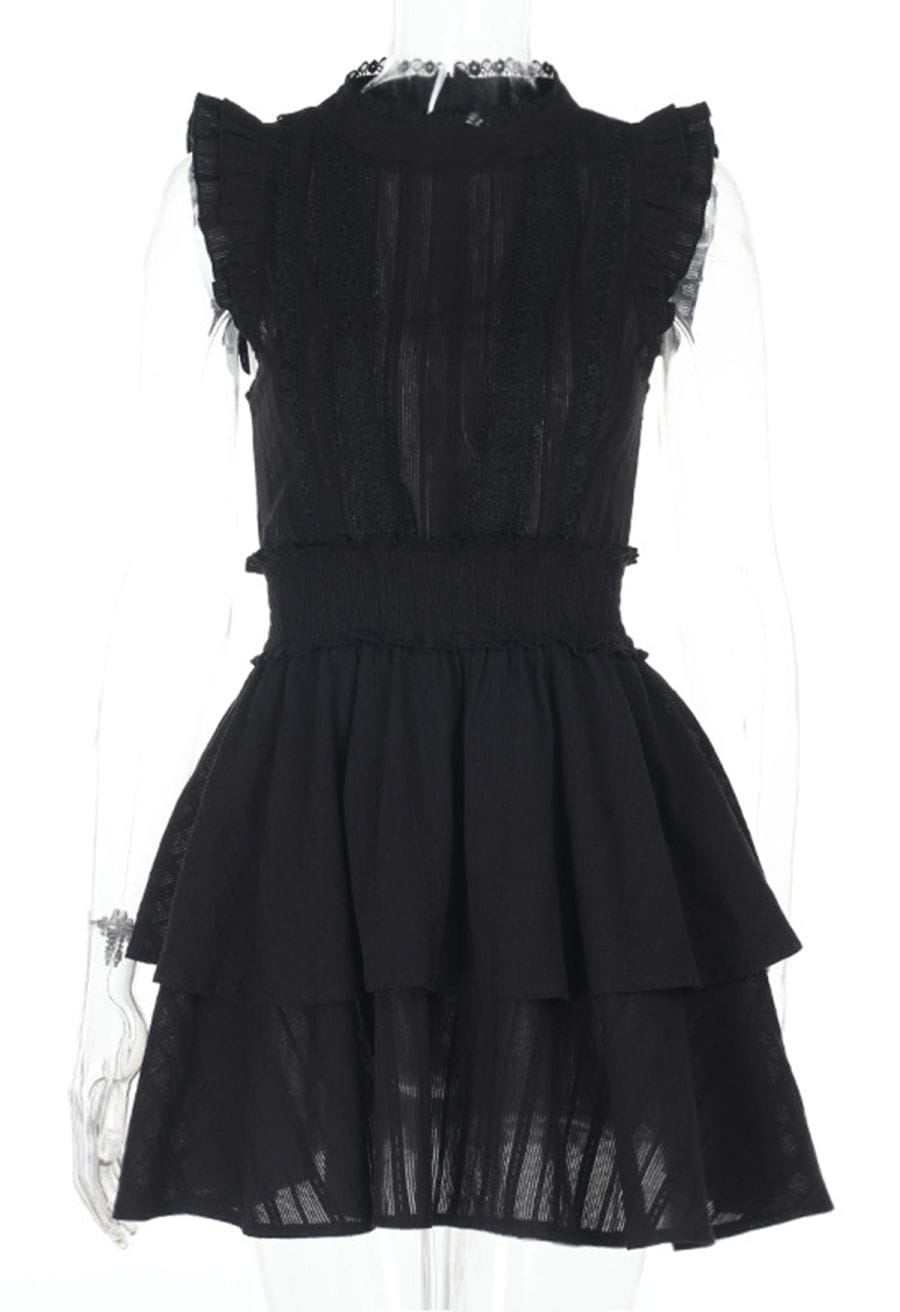 Tiered Ruffle Lace Decor Cotton Mini Dress