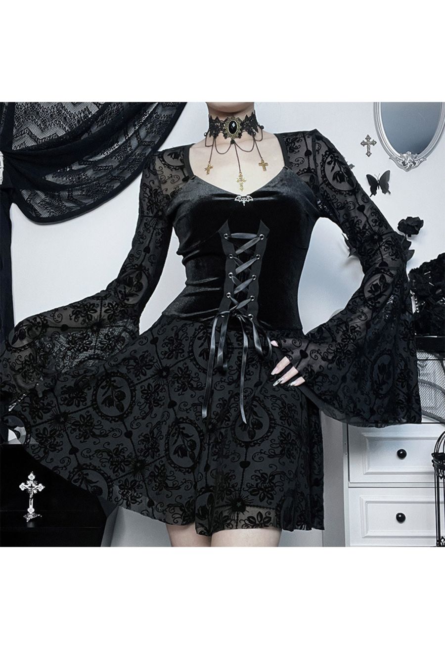 Velvet Spliced Flare Sleeve Lace-Up Floral Mini Dress