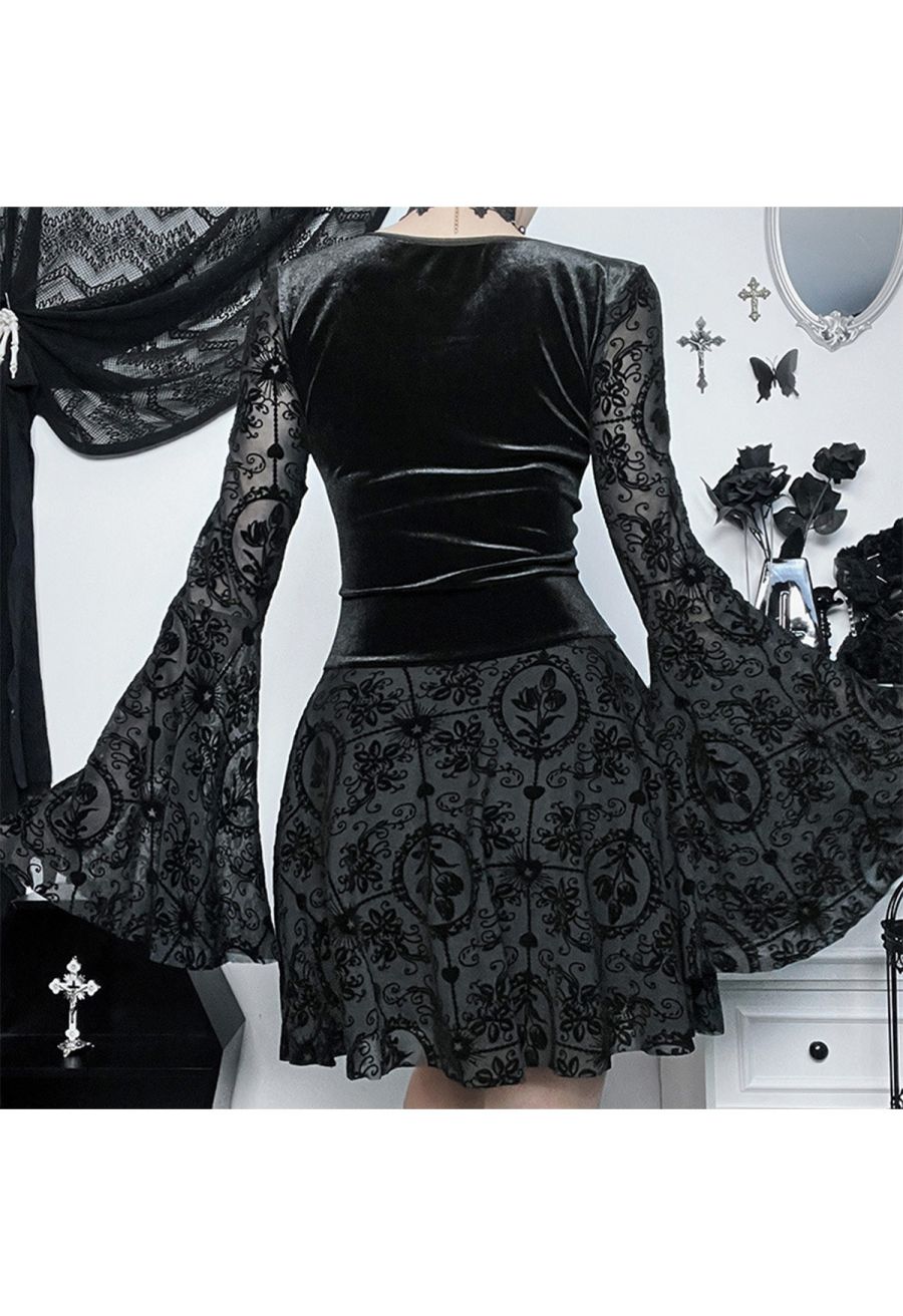 Velvet Spliced Flare Sleeve Lace-Up Floral Mini Dress
