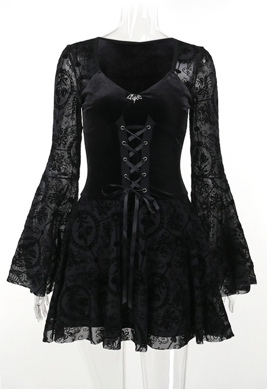 Velvet Spliced Flare Sleeve Lace-Up Floral Mini Dress