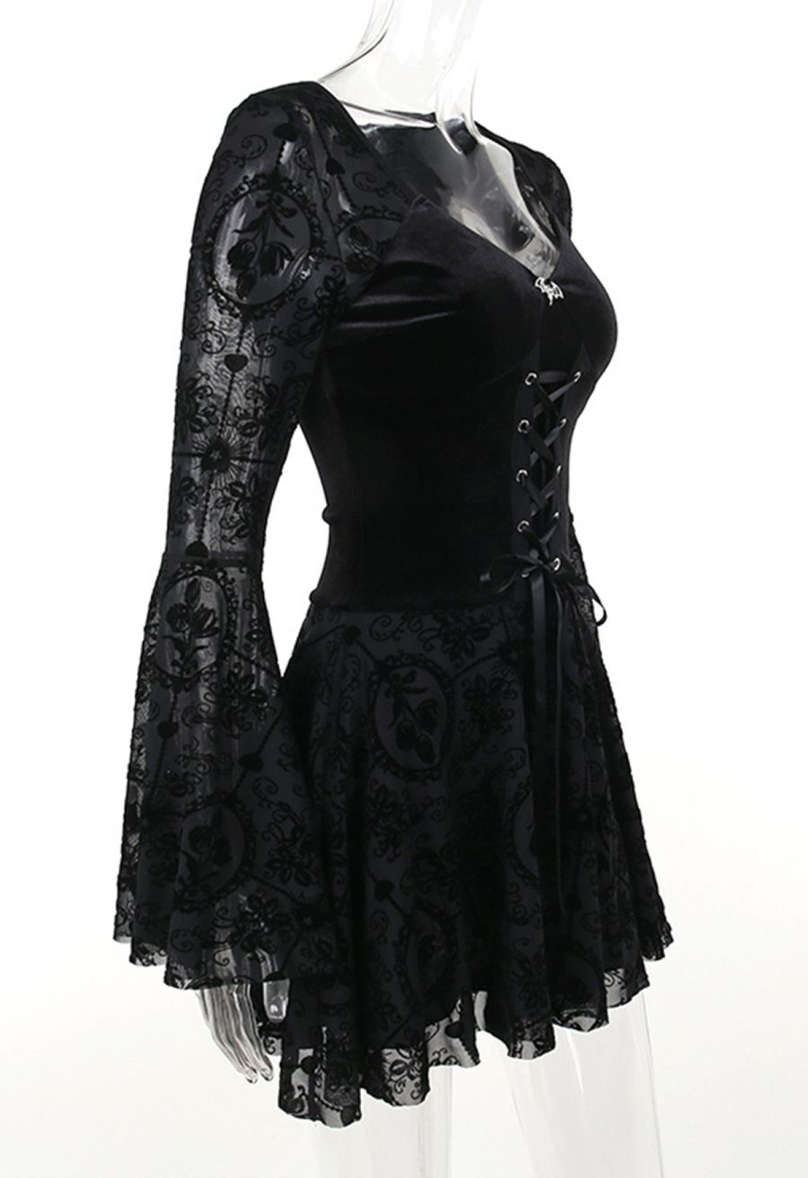 Velvet Spliced Flare Sleeve Lace-Up Floral Mini Dress
