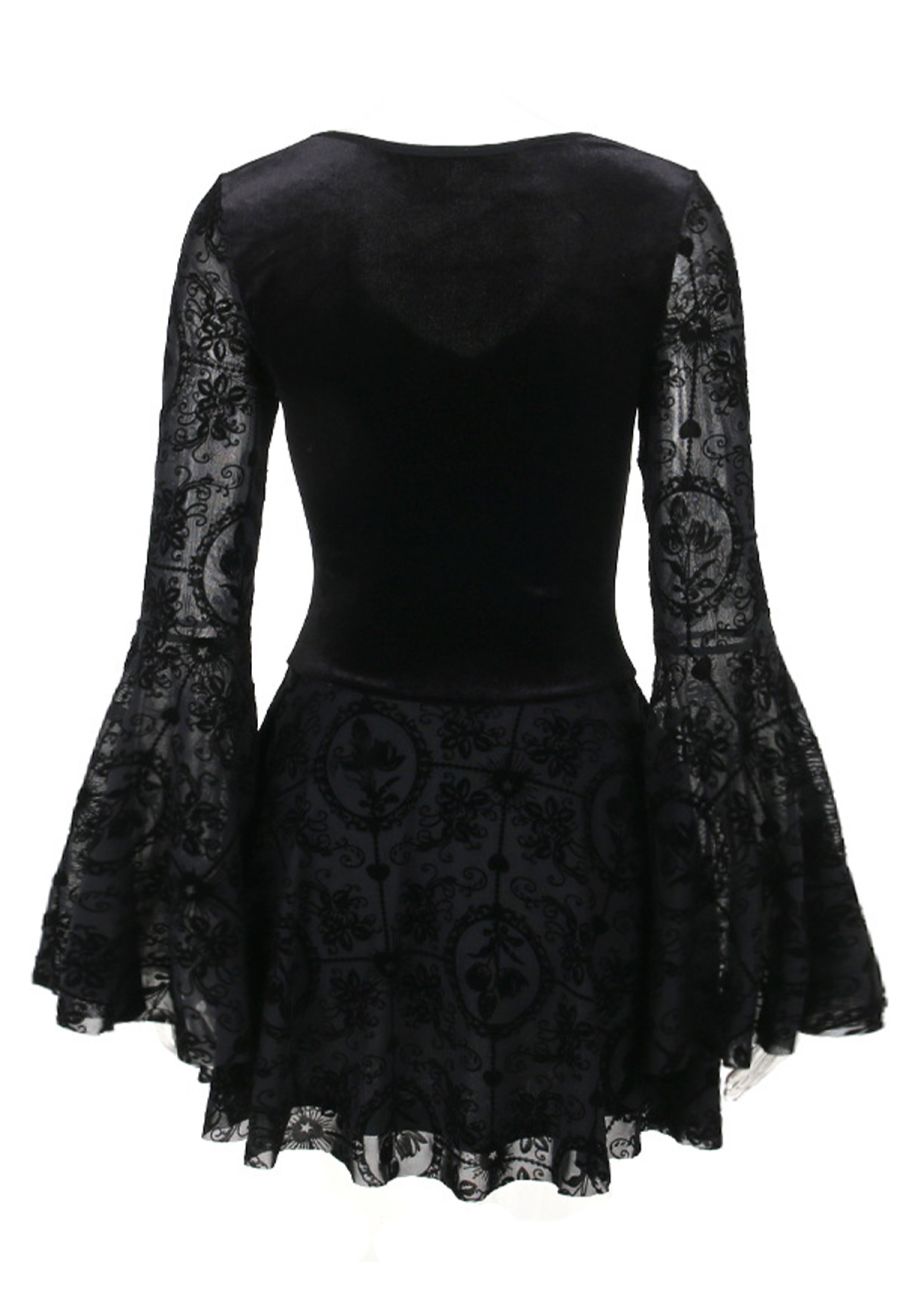 Velvet Spliced Flare Sleeve Lace-Up Floral Mini Dress