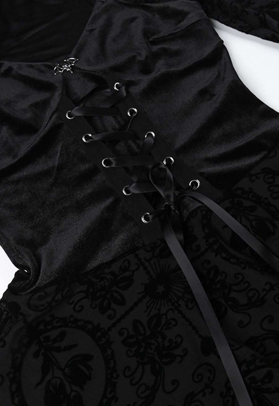Velvet Spliced Flare Sleeve Lace-Up Floral Mini Dress