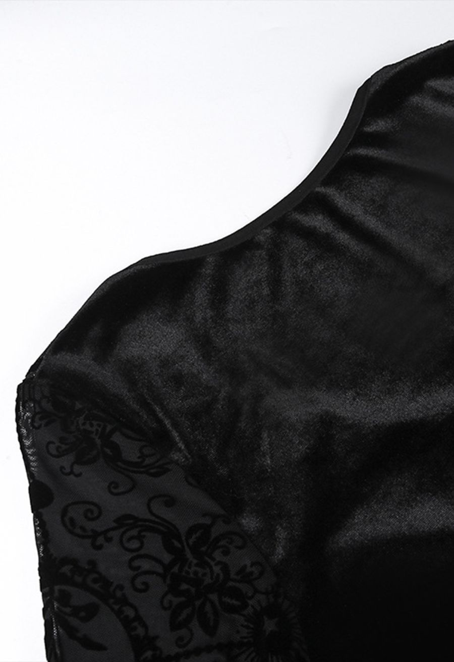 Velvet Spliced Flare Sleeve Lace-Up Floral Mini Dress