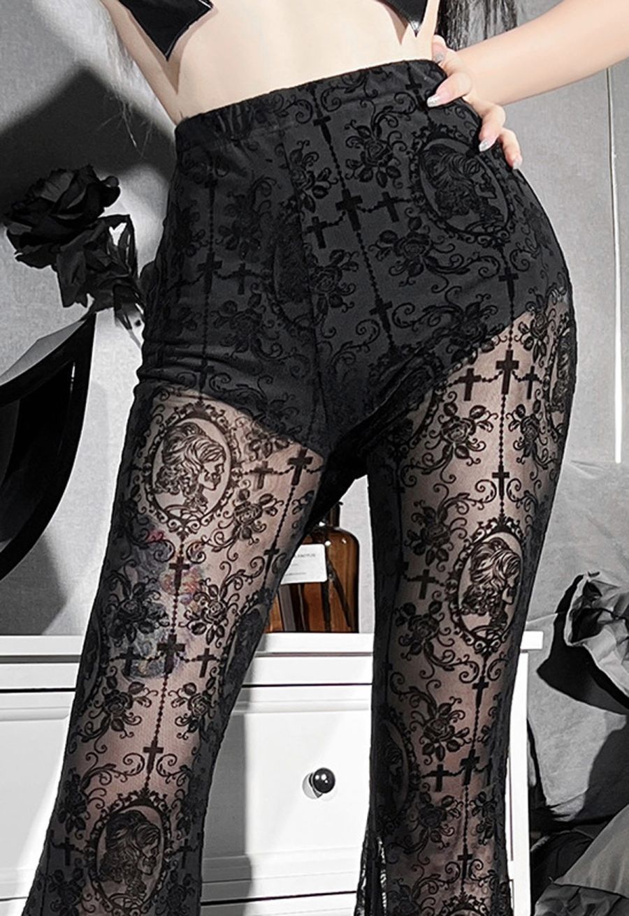 Gothic Rose Cross Sheer Mesh Flared Pants